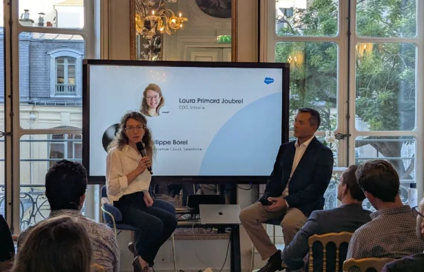 Laura Primard, Chief Operating Officer of Intescia Group, on stage at the Salesforce Revenue Cloud afterwork